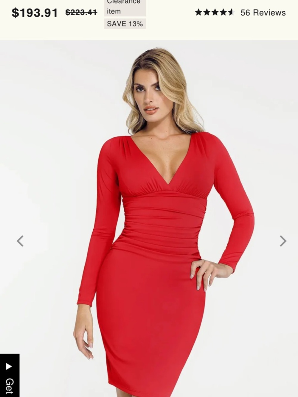 Red Long Sleeve V-Neck Bodycon Dress - Women